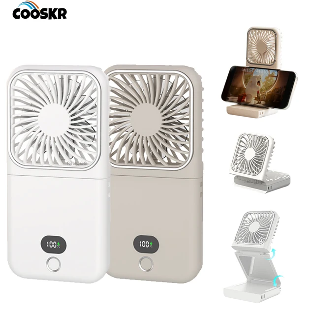 Mini ventilateur portable pliable de bureau, rechargeable 2500 mAh, 4 vitesses, avec support pour téléphone, ventilateur de refroidissement à suspendre au cou pour extérieur 1