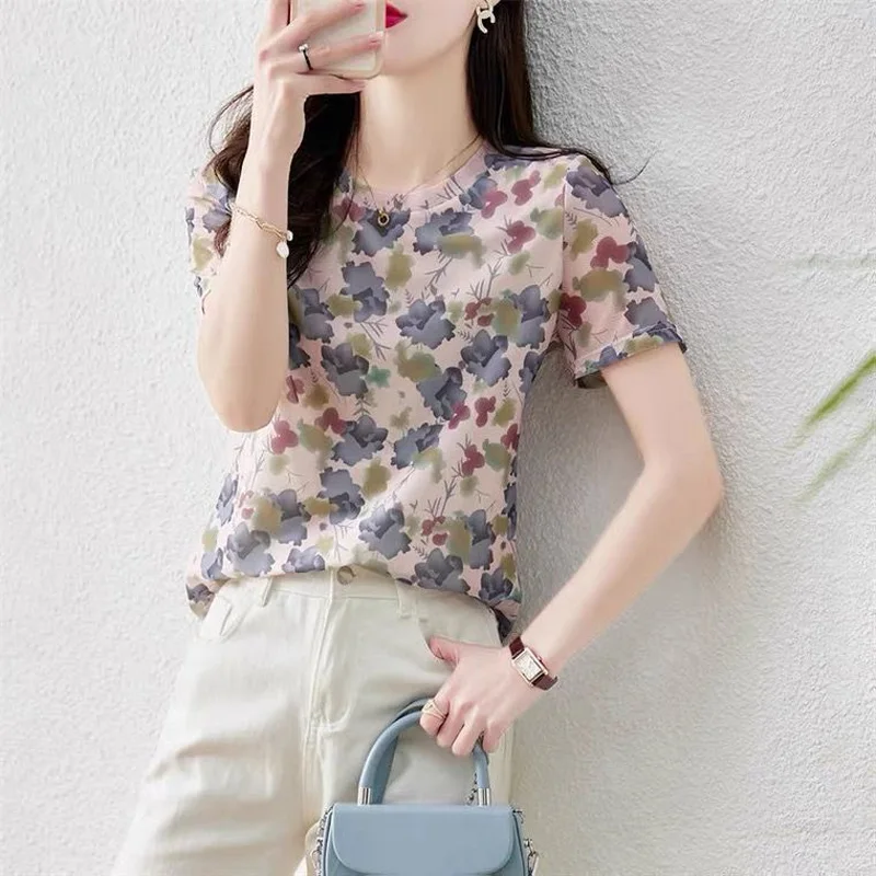 2023 New Summer Fashion Trend Small Fresh Round Neck Print Commuting Simple Casual Loose Versatile Short Sleeve Women's Shirt