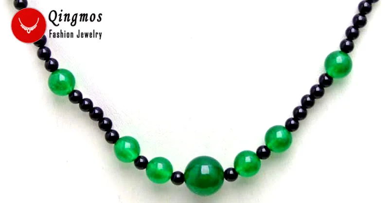 Qingmos 4mm Round Natural Black Agate Necklace for Women with 6-10mm Green Jade Necklace 18