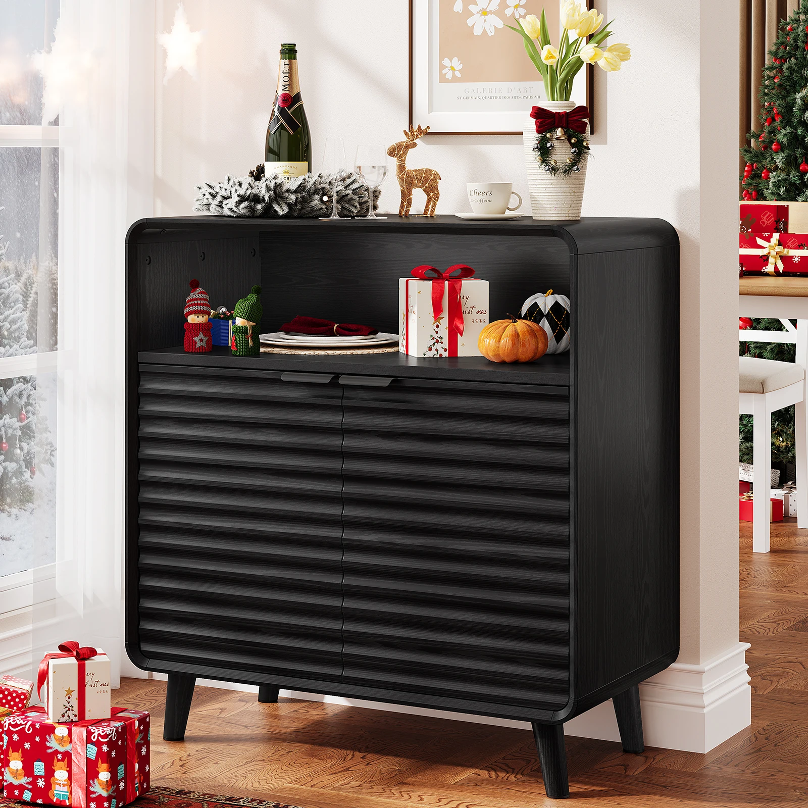Sideboard Buffet Cabinet with Storage, Curved Sideboard with 2 Wave Doors, Modern Small Storage Cabinet
