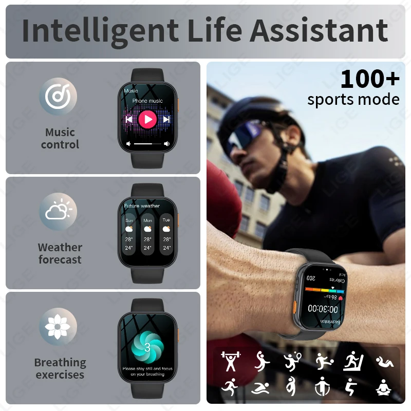 LIGE AMOLED Smart Watch Men 2.04 Screen Bluetooth Call Health Monitor IP68 Waterproof Sport Women Smartwatch New For Android IOS
