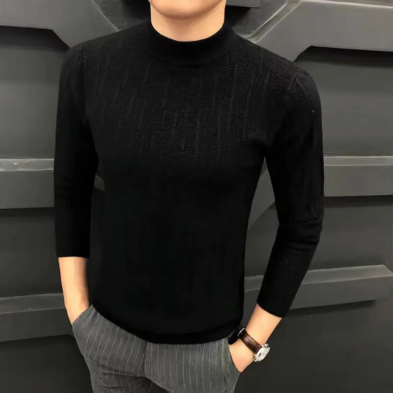 Autumn Winter Half High Collar Screw Thread Men's Clothing Solid Color Pullover Sweater Knitted Casual Fashion Preppy Style Tops 5