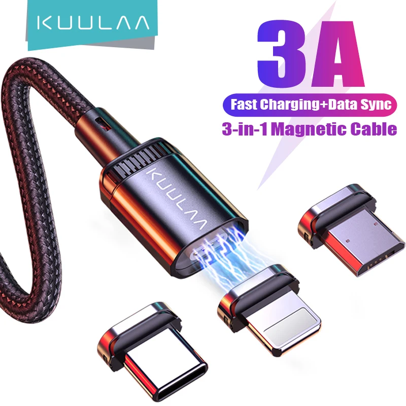 KUULAA LED Magnetic USB Cable 3A Fast Charging Type C Cable Magnet Charger Micro USB Cable Mobile Phone for iPhone 14 13 12 Cord 1