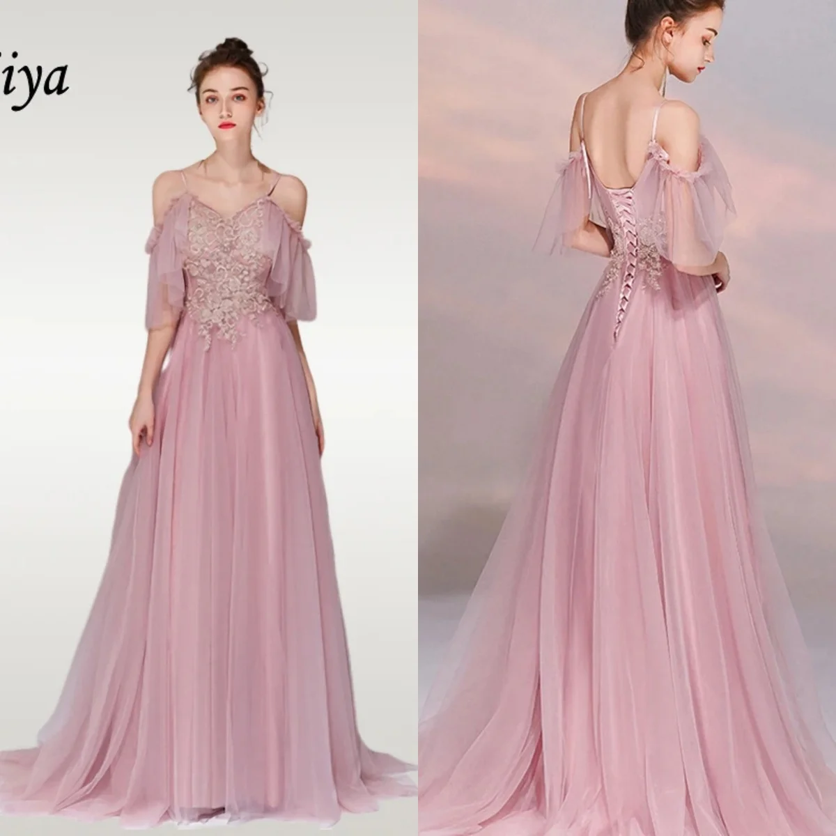 

Evening Dresses Pink Tulle Beading Straps Off the Shoulder Lace up A-line Floor length Plus size Women Party Gown Robe De Soiree