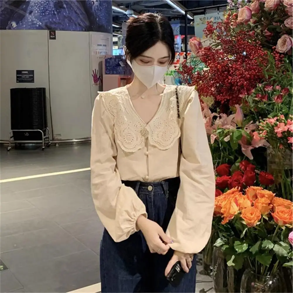 

Lady Women Blouse Chic Women's V-neck Lantern Sleeve Blouses Soft Casual Sweet Style for Spring Fall Commutes Women Commute Top