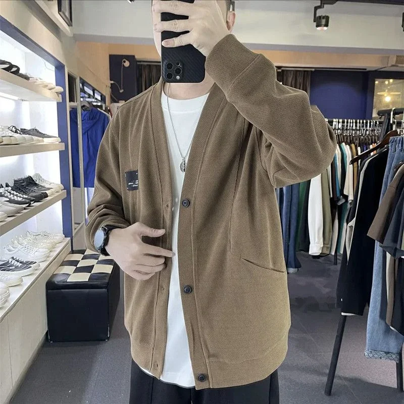 Description Picture 5 of itemNo Hoodie Black V Neck Men's Clothing Cardigan Knit Sweater Male Loose Fit Free Shipping Y2k Vintage Korean Style New in Overfit