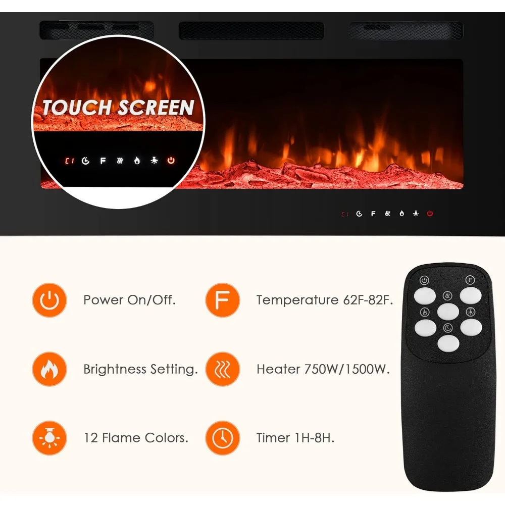 Electric Fireplace 40inch Wall Mounted, Wall Fireplace Electric with Remote Control, Recessed