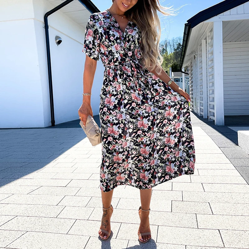 

Women Casual V Neck Lace-up Party Dress 2024 Elegant Short Sleeve Pleated Long Dress Vintage Floral Print Bohemian Summer Dress