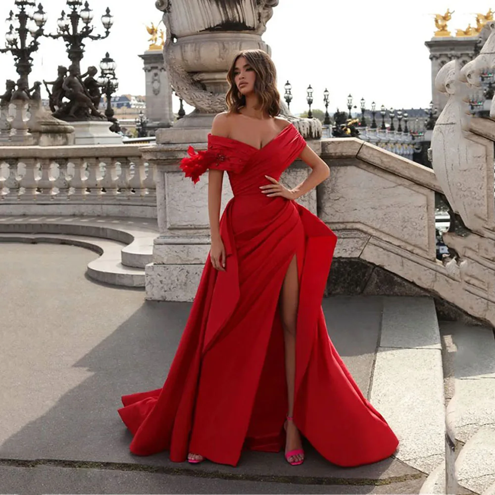 

Furtanseo 2023 Red Mermaid Long Evening Dresses Side Slit Sexy Feathers Women Formal Specail Party Gowns Pageant Celebrity Dress
