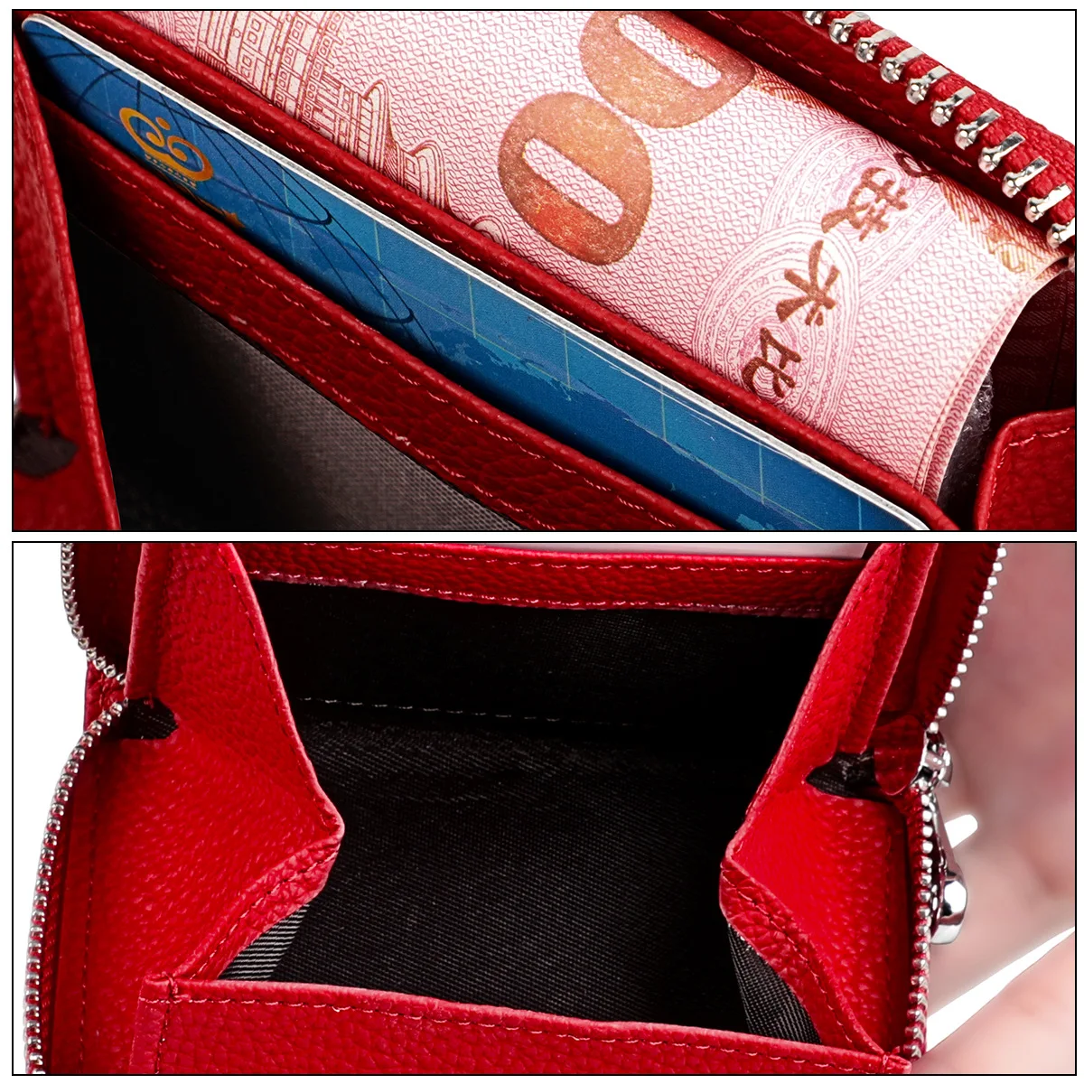 Women's RFID Blocking Credit Card Wallet Solid Minimalist Genuine Leather Zippered Around Small Coin Purse with Front Card Slot