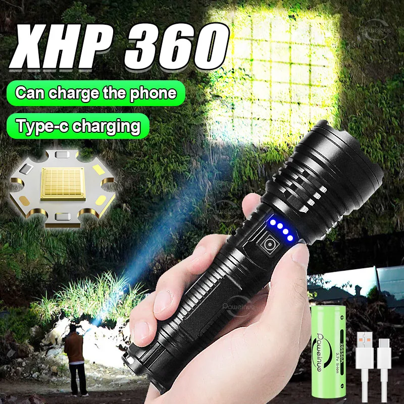 

XHP360 Most Powerful Flashlight Type-C Rechargeable Flashlight 26650 5 Modes Torch Zoom Hand Lanterrn With Power Bank Function