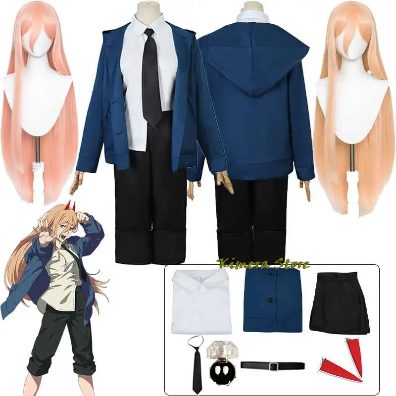 

Anime Power Cosplay Chainsaw Man Costume Women Blue Casual Outfits Jacket Pants Suit Red Hairpin Blood Devil Halloween Party Set