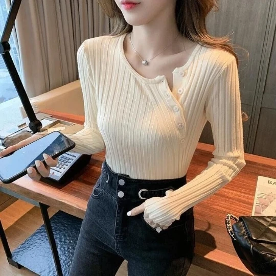 

Beige Girl Korean Office Lady Pullover Girl Woman Women Sweater O Neck Knit Tops Tight Women's Sweaters Top Coat Cloth Suétere