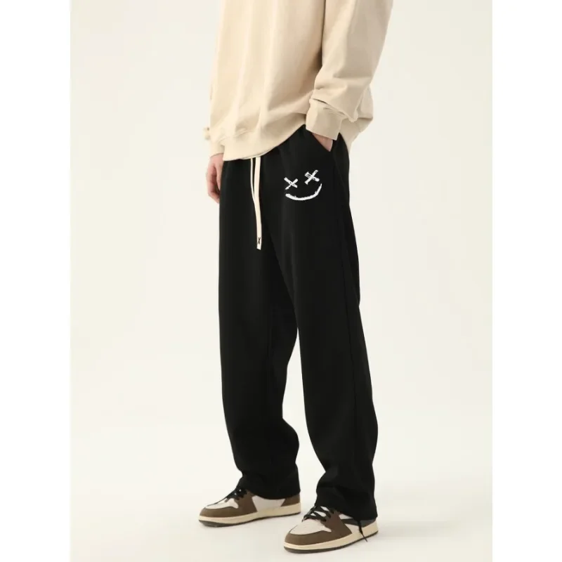 

New Smiley Face Print Men's Casual Pants Jogger Apparel Sports Black Loose Pants High Street Fashion Menswear