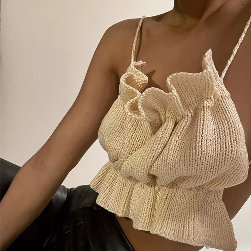 

Y2k Women Sexy Backless Short Tank Crochet Tops White Knitted Corset Crop Top Summer New Off Shoulder Ruffled Camis Tees Bandage