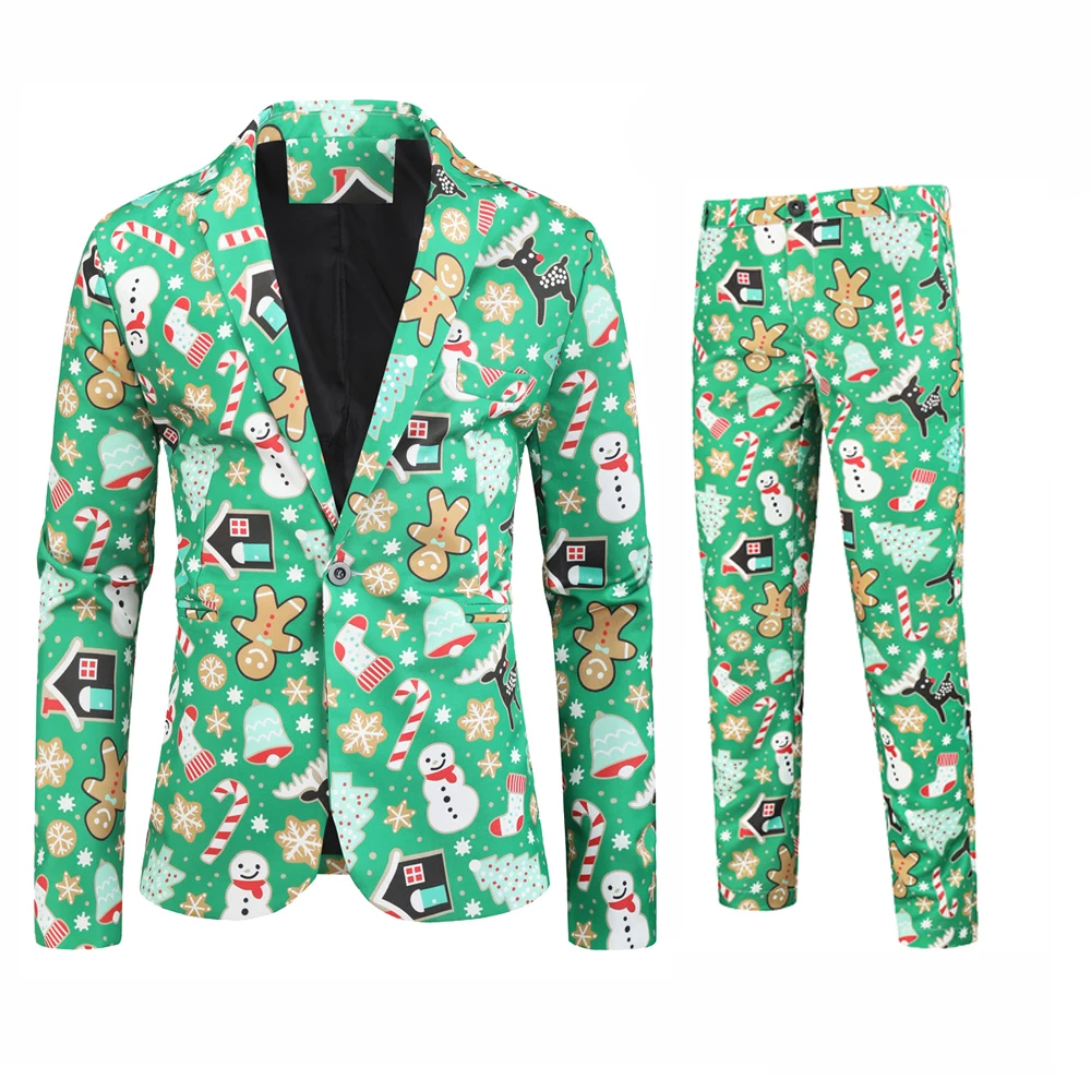 Traje de negocios informal de Navidad para hombre, chaqueta de 2 piezas con un botón, pantalones, disfraz de fiesta de Navidad, uniforme con estampado de muñeco de nieve