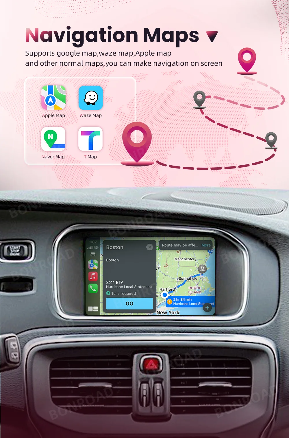 BONROAD Drahtloses Carplay Android-Automodul für Volvo XC60 XC70 S60 S80 V60 V70 V40 2015–2019 mit 7-Zoll-Bildschirm, Bluetooth-Musik – Detail 3