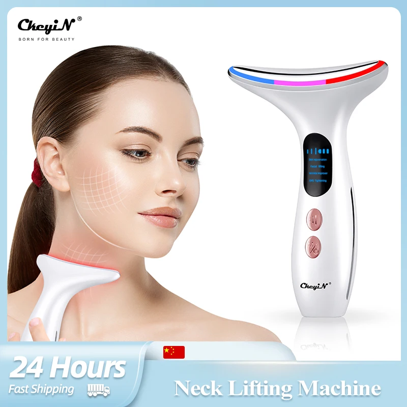 CkeyiN Neck Anti Wrinkle Massager EMS Vibration Face Tightening Massage Double Chin Remover LED Photon Therapy Skin Care Machine