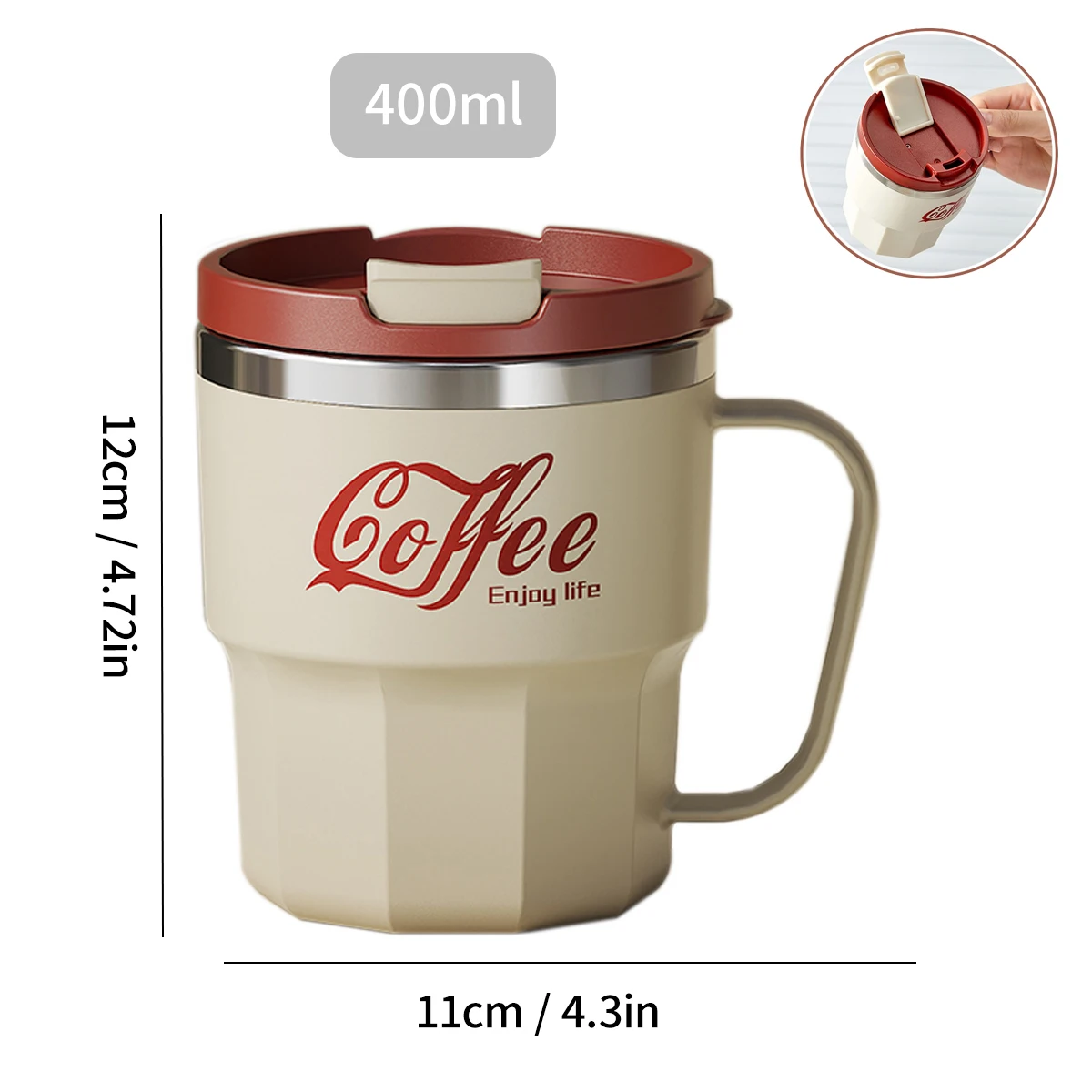 WORTHBUY 304 aço inoxidável parede dupla isolada xícara de café com alça portátil estudantes à prova de vazamento copo de água leite caneca de café 12