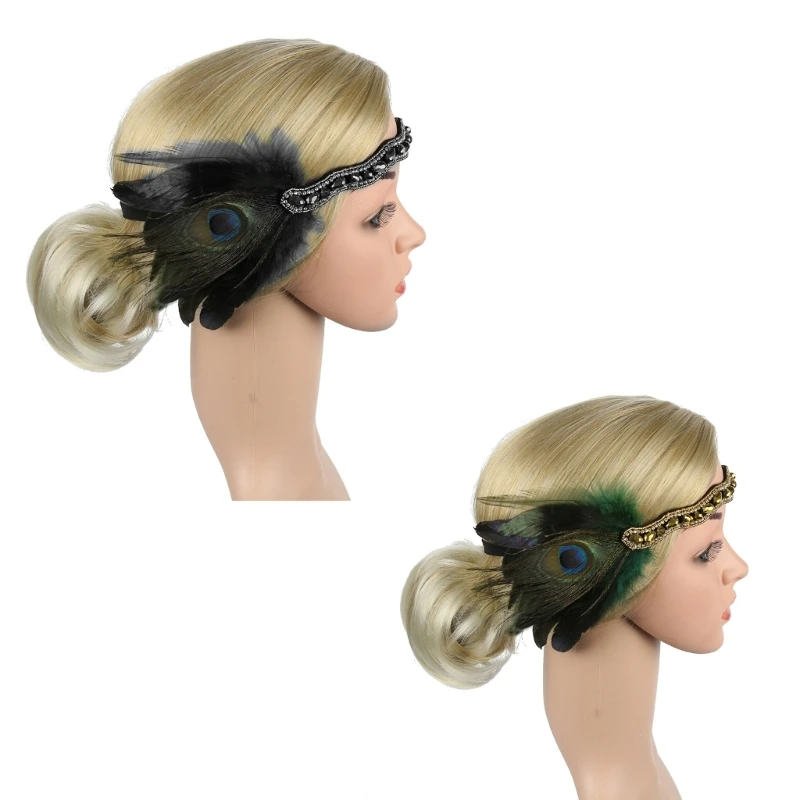 

Женская повязка на голову со стразами и перьями, эластичная повязка на голову 1920-х годов, карнавальная, свадебная вечеринка,
