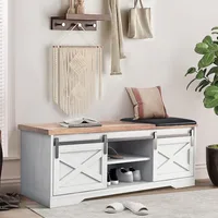 47 Inch Shoe Cabinet, Modern White Shoes Bench with Double Sliding Barn Door & Thickened, Shoe Cabinet 1