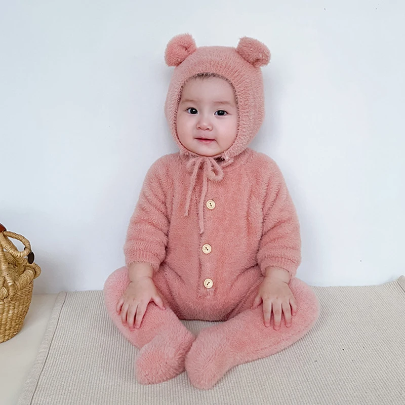 Newborn Baby Boy Girl Jumpsuit Kids Bear Hooded Romper Bodysuit Clothes Outfits Mink Fleece Long Sleeve Toddler One Piece Outfit