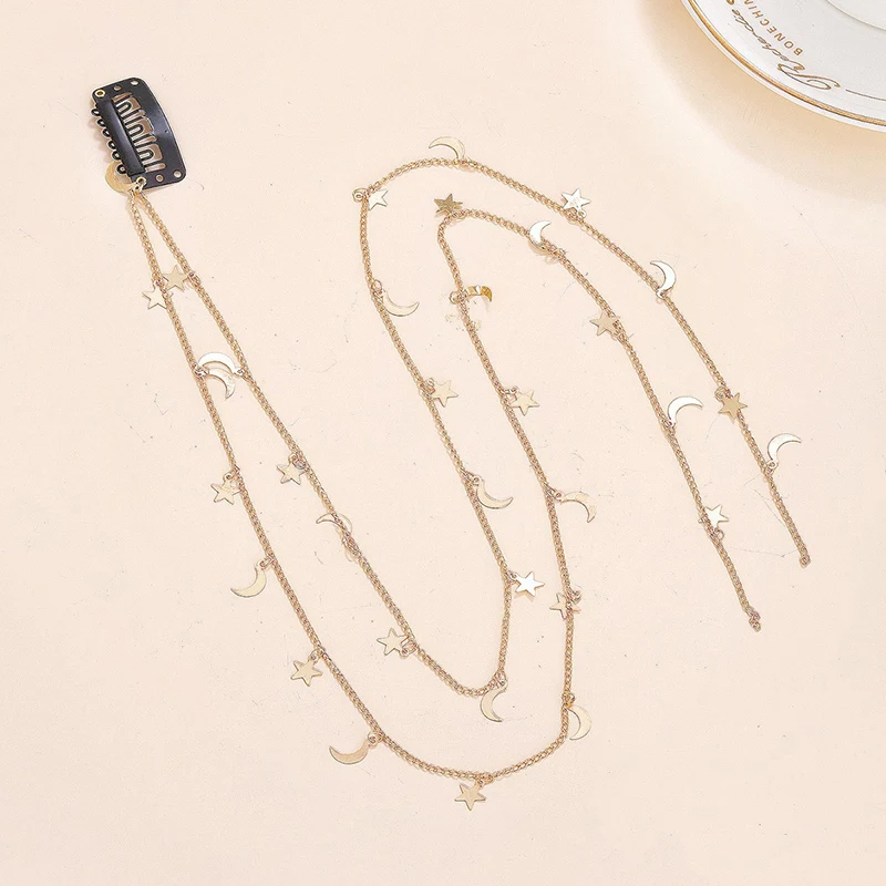 Enchanting Moon and Star Braided Hair Chain - Elegant Shiny Hair Accessory