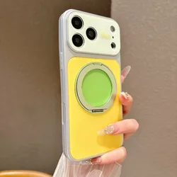 Luxury Magnetic Stand Holder Case with Camera Protection and Wireless Charging Support - iPhone 18 (White - Yellow)
