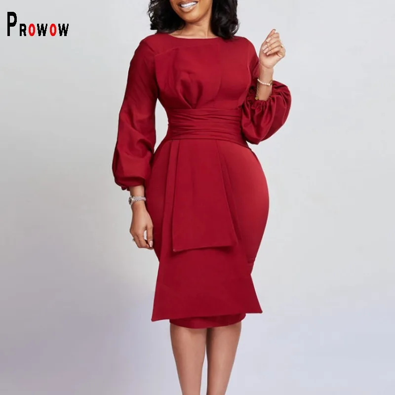 

Prowow Elegant Office Lady Outfits Solid Color Slim Fit Puff Sleeve Midi Women's Dress 2024 New Design Spring Summer Clothing