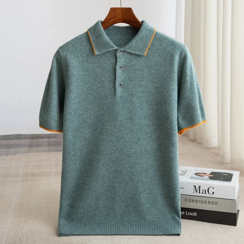 100% Merino wool men's lapel short sleeved sweater T-shirt new knitted casual business men's pullover sweater wool T-shirt summe 3