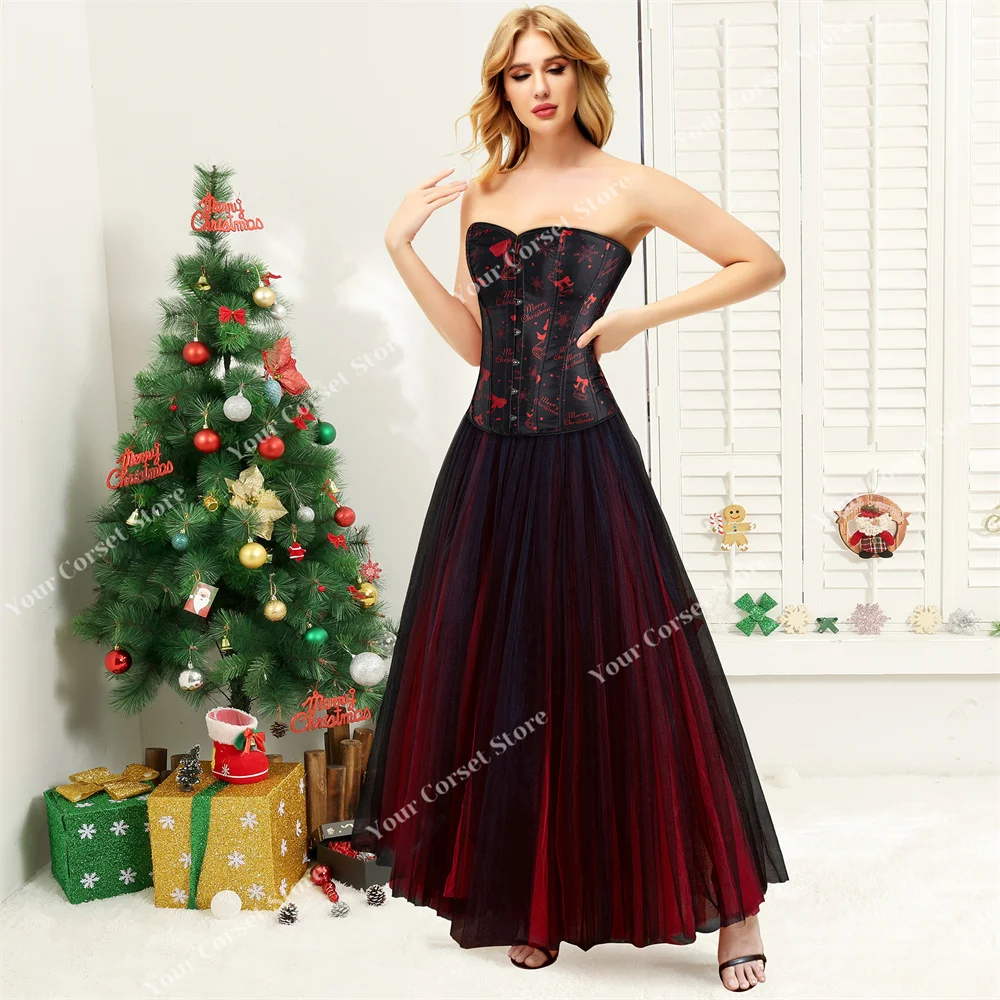 

Christmas Corset Dress Plus Size Overbust Corset Lace Up Red Corset Dress Costume Woman Long Mesh Skirt Santa Christmas Costume
