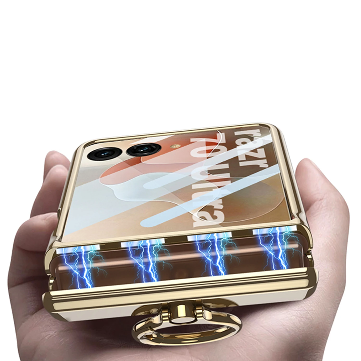Electroplated Transparent Phone Case with Metal Ring Holder and Hinge Glass Protector