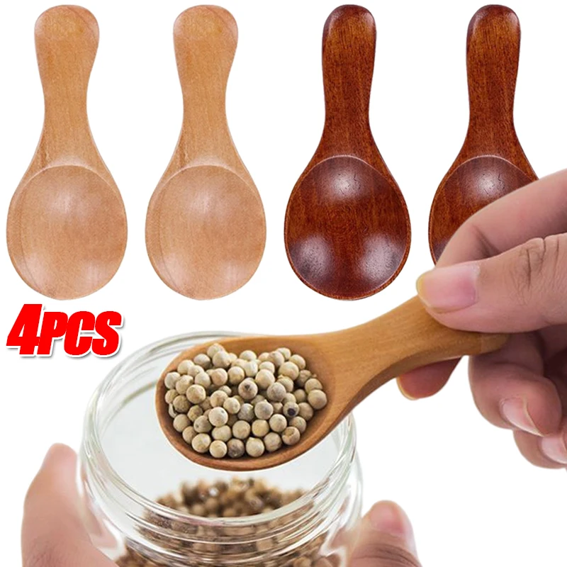 4/2/1PCS Mini Wooden Spoon Short Handle Small Wood Spoons Spice Condiment  Sugar Coffee Honey Scoops Kitchen Tableware Teaspoon - AliExpress