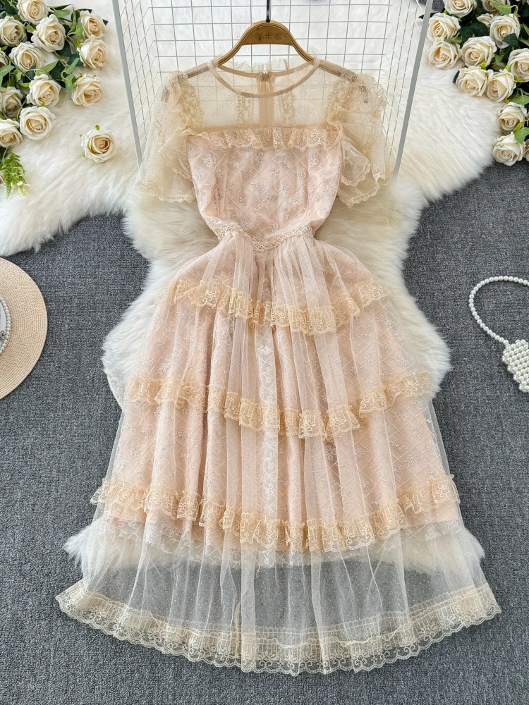 

FTLZZ Summer Elegant Women O-neck Ruffled Lace Mesh Embroidery Dress Vintage Lady Empire Slim A-line Pleated Dress