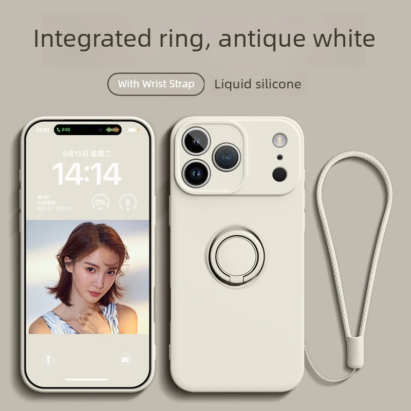 Liquid Silicone Phone Case with Ring Holder, Wrist Strap, and Shockproof Protection