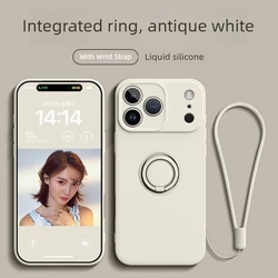 Liquid Silicone Phone Case with Ring Holder, Wrist Strap, and Shockproof Protection - iPhone 15 (Antique White)