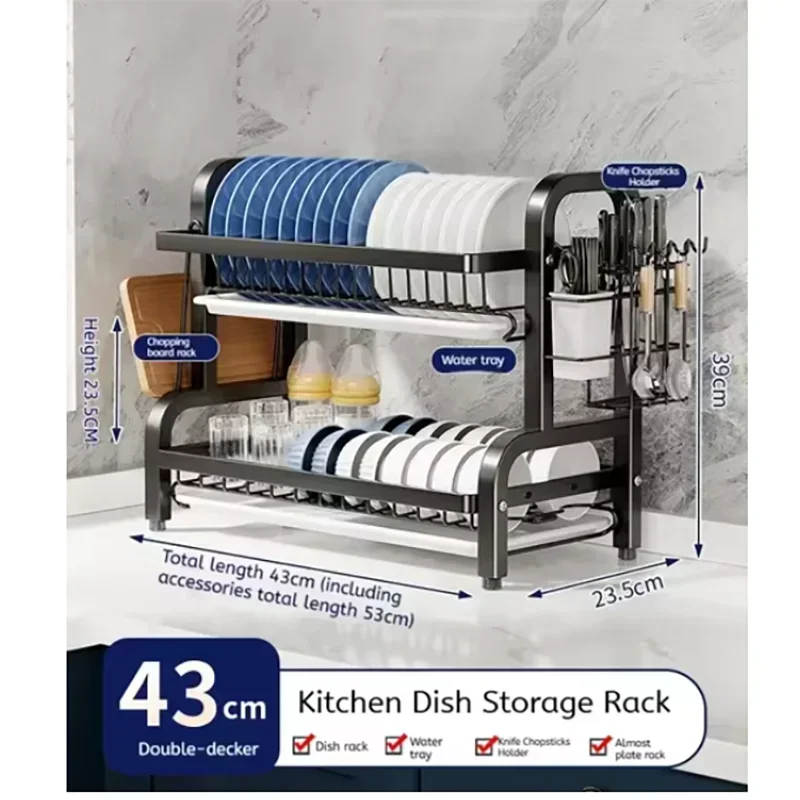 2/3-Tier Carbon Steel Dish Rack with Utensil Holder Compact Rustproof Kitchen dishes dryer Countertop Organizer & Drying Drainer 4