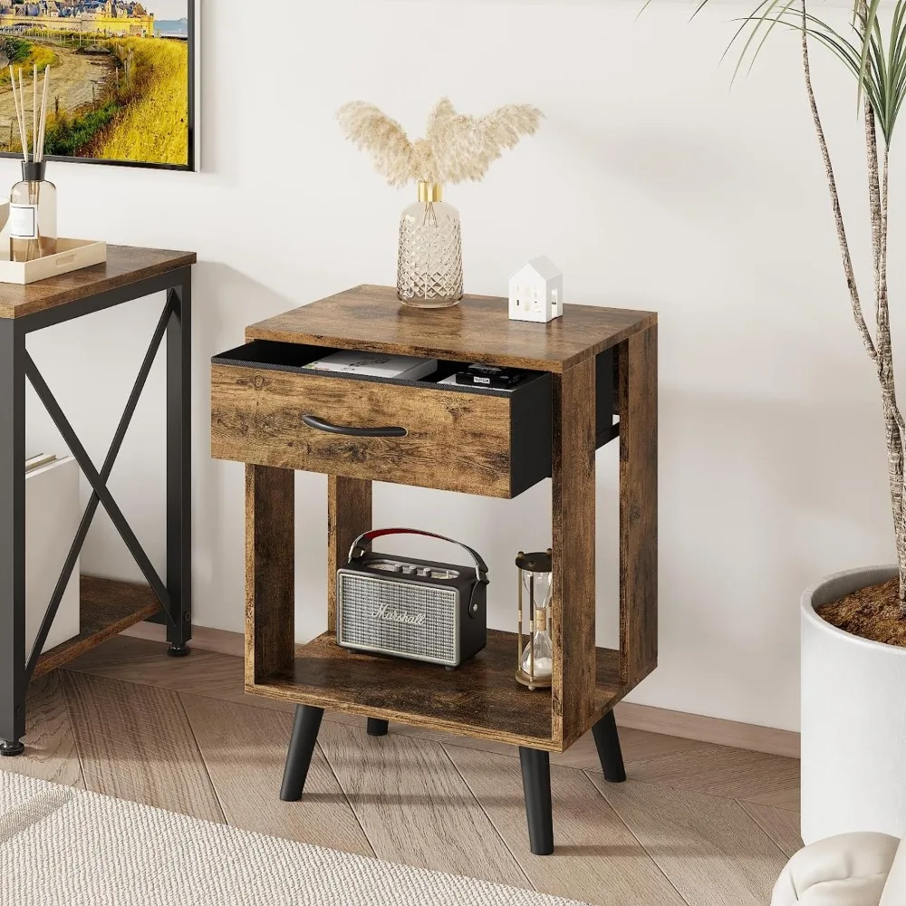 

Bedside table with fabric drawers and open shelves - bedroom side table, bedside table