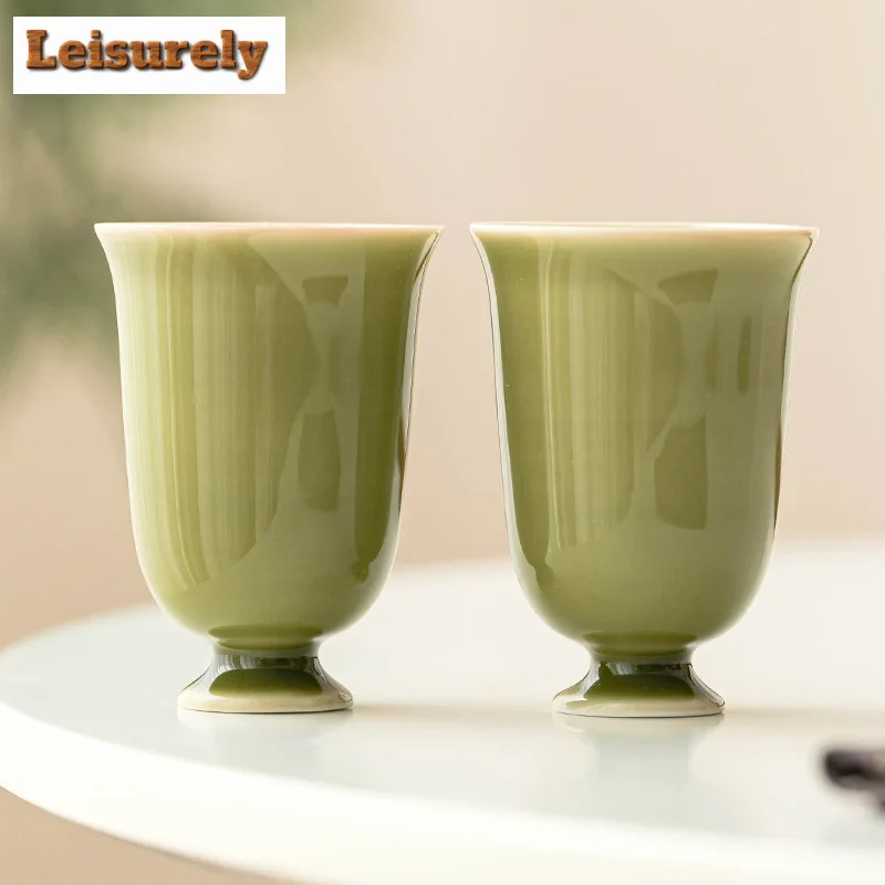 2pc/set Yaozhou Kiln Celadon Teacup Tea Dust Green High Foot Fragrant Cup Tea Tasting Single Mug Personal Master Cup Teaset 50ml