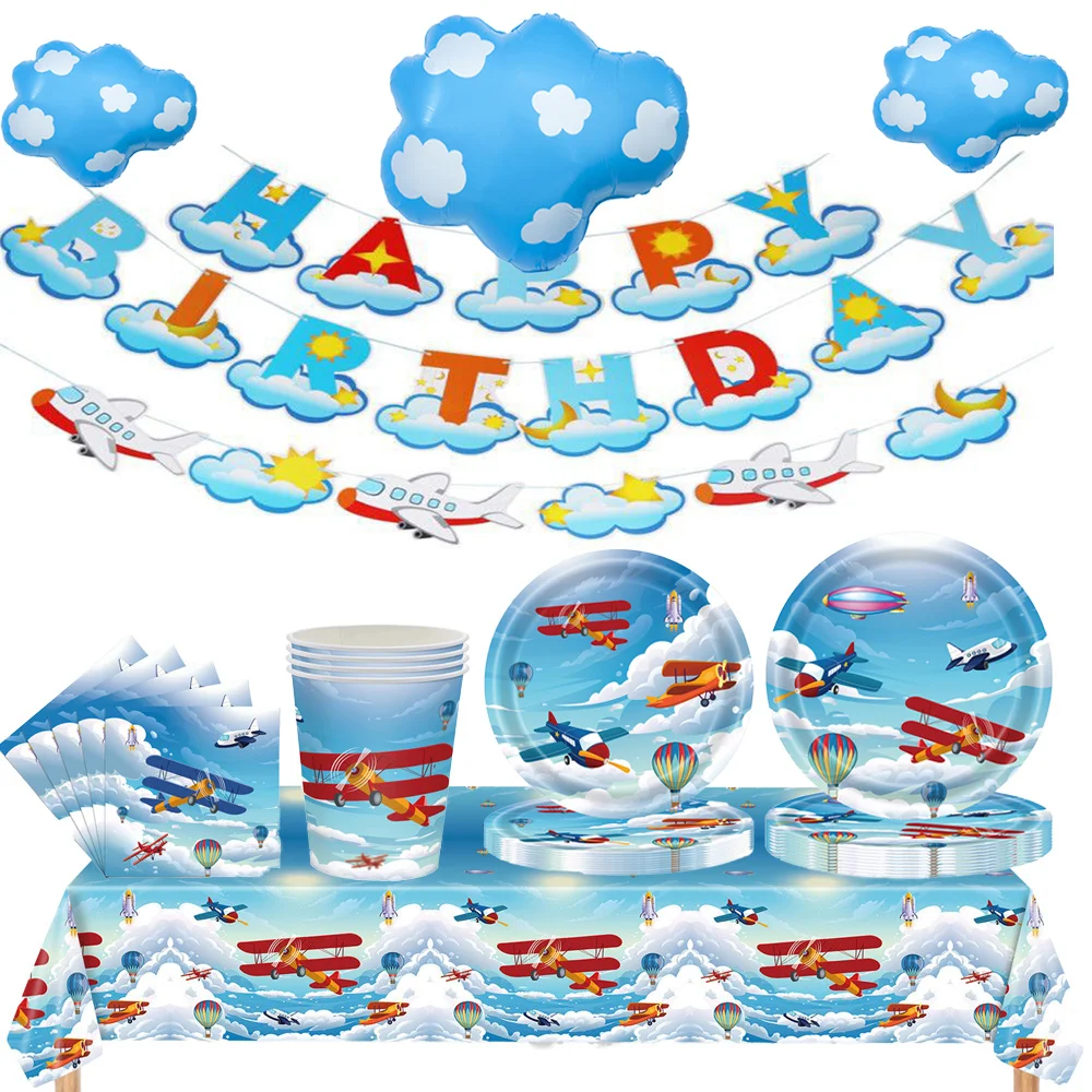 

Airplane Birthday Party Supplies Clouds Disposable Tableware Plates Cup Napkin Tablecloth Banner Flight Themed Baby Shower Decor