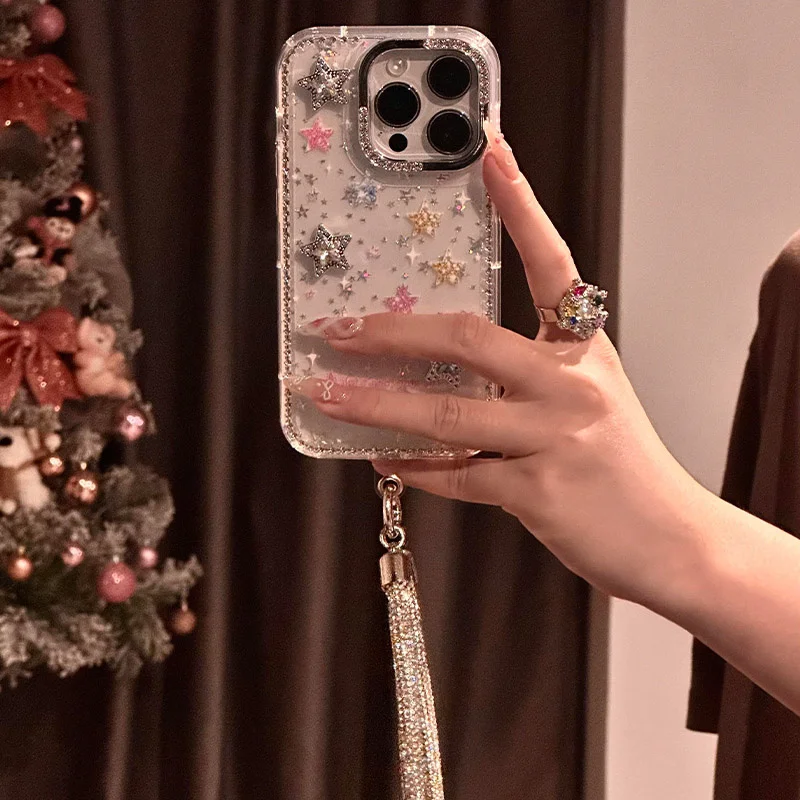 Dopamine Diamond Studded 3D Star Phone Case with Chain