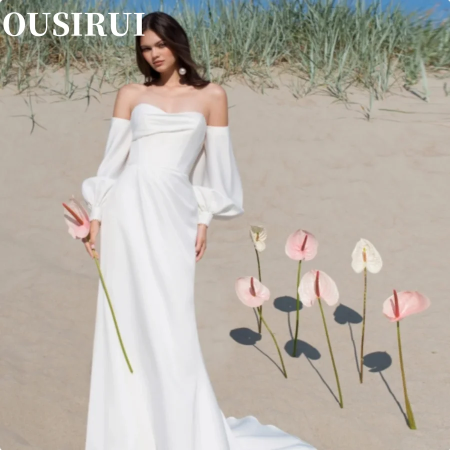 

OUSIRUI Satin Detachable Sleeves Bridal Gowns Pearls Floor Length Simple White Robe Elegant Strapless Wedding Dress For Bride