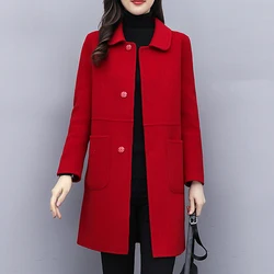 Fashion Blended Woolen Coat Women's Coat 2023 Autumn Winter Christmas Red Single-breasted Red Slim Wool Jacket Outwear Plus Size