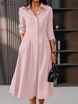 ZANZEA Abiti Midi Eleganti Donna Moda Manica 3/4 Button Up Colletto Camicia 2025 Autunno Pendolarismo OL A-line Vestaglie Femme