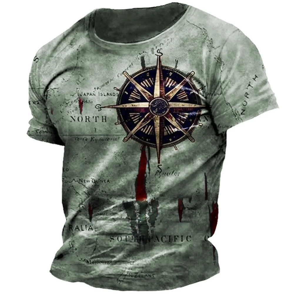 Summer Fashion Personality Retro Navigation Compass graphic t shirts For Men Trend Vintage Printed O-neck Short Sleeve Tees Tops