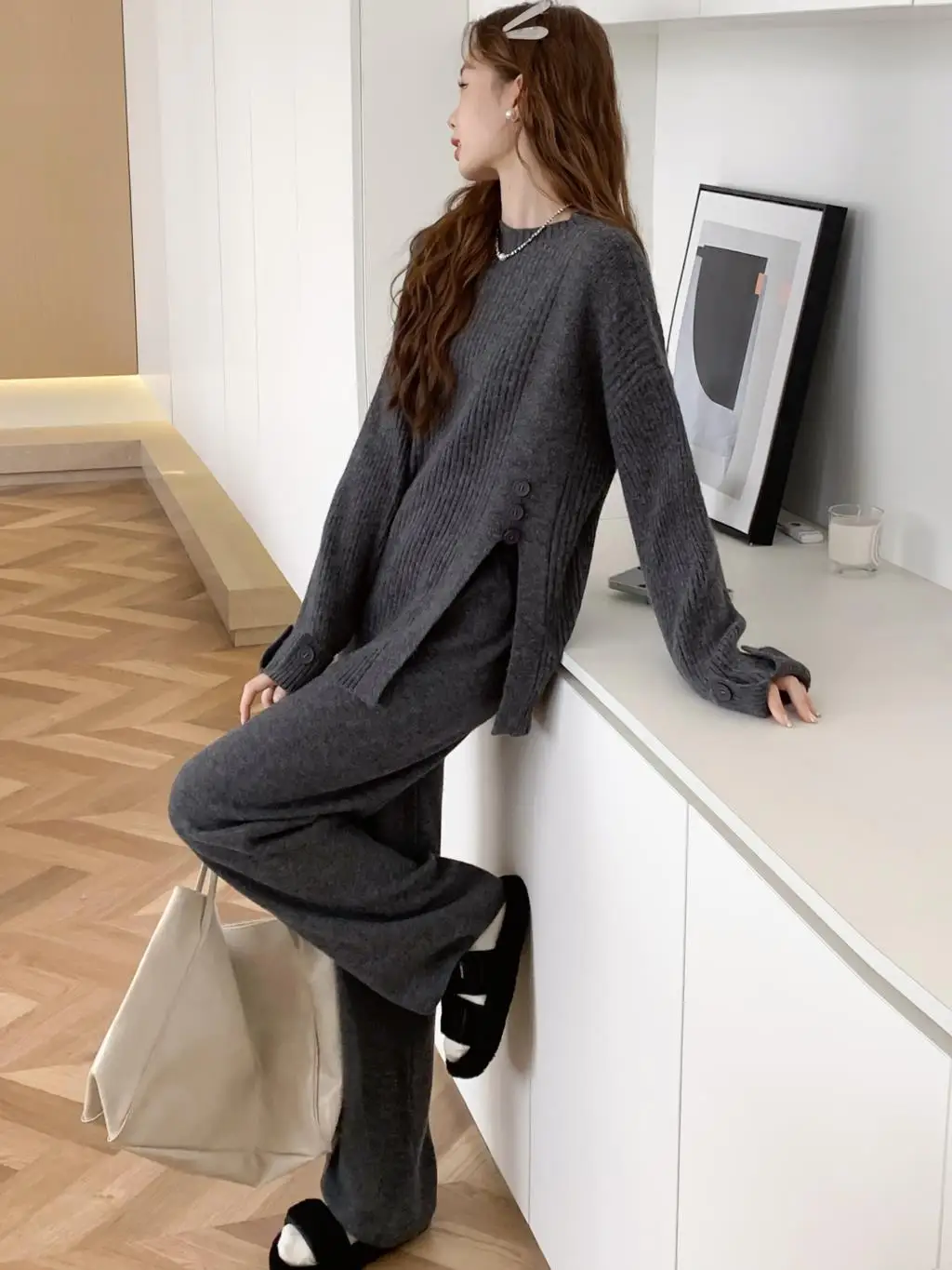 Women's Knitted 2-Piece Set Tracksuit Autumn Winter O-neck Pullover Sweater Wide Leg Pants Harajuku Warm Solid Casual Suit New