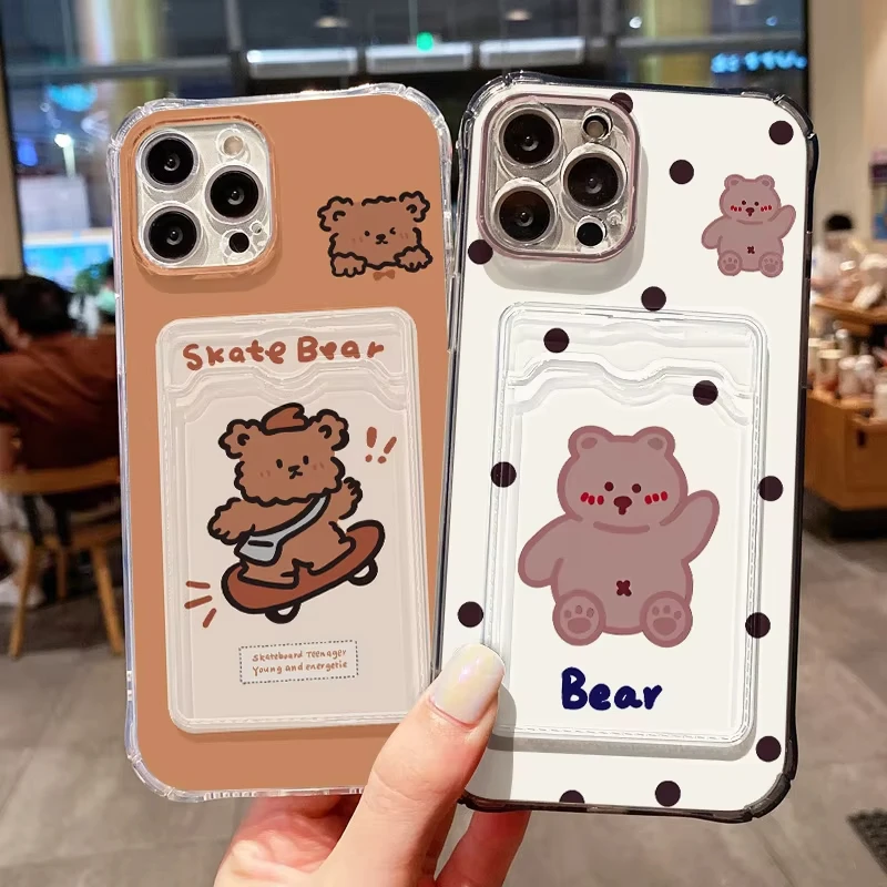 Adorable Bear Transparent Phone Case with Soft Card Holder Sleeve