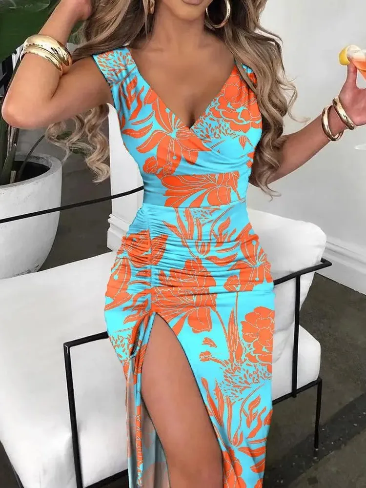 Vestidos Para Mujer 여성 프린트 여름 원피스, 브이넥 우아한 캐주얼 의류, 민소매 타이트 피팅, 해변 파티, 2024