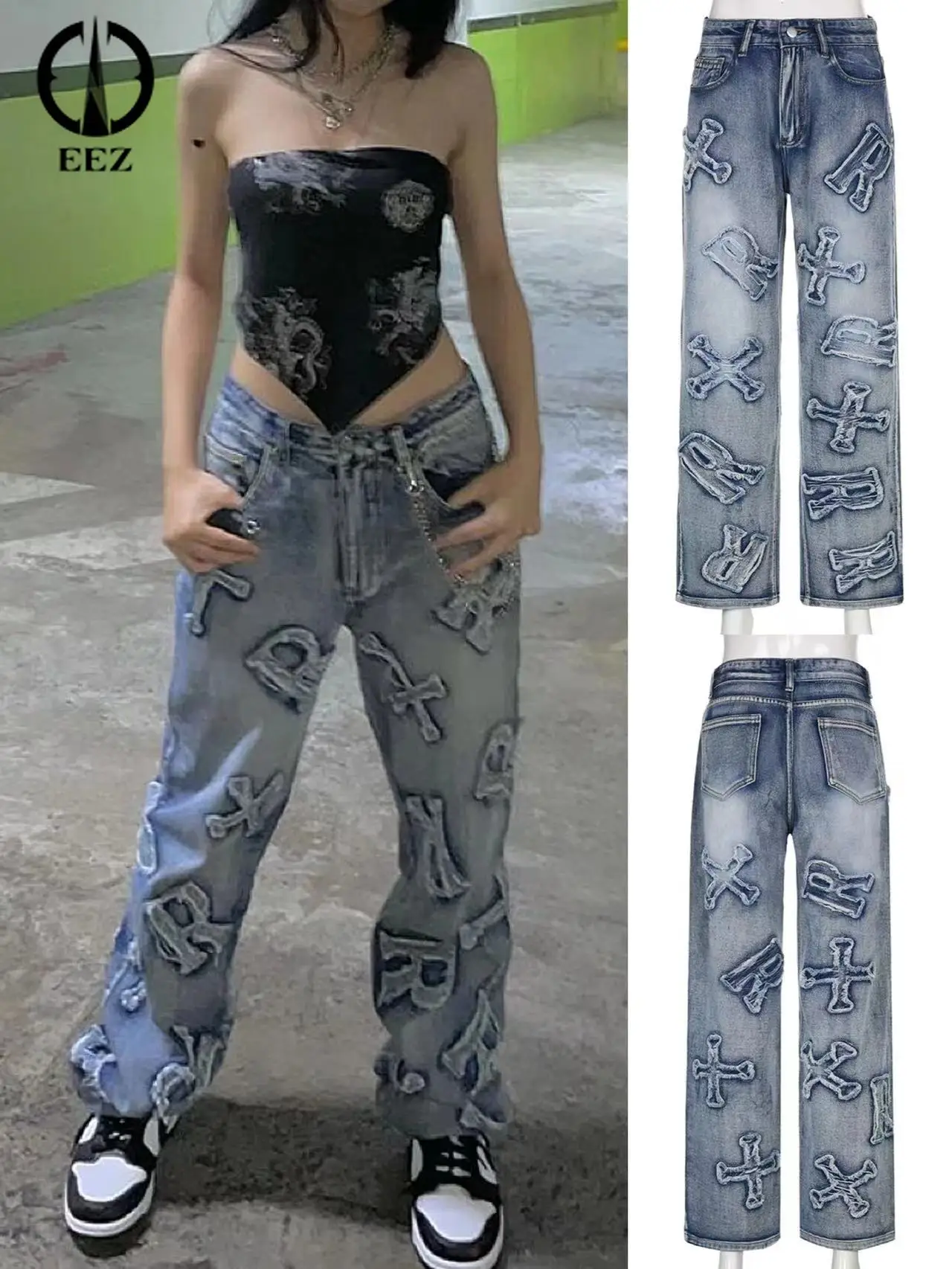 

Women's Vintage Zipper Jeans Blue Letter Patch High Waisted Baggy Straight Cargo Pants Y2K Streetwear Wide Leg Denim Trousers