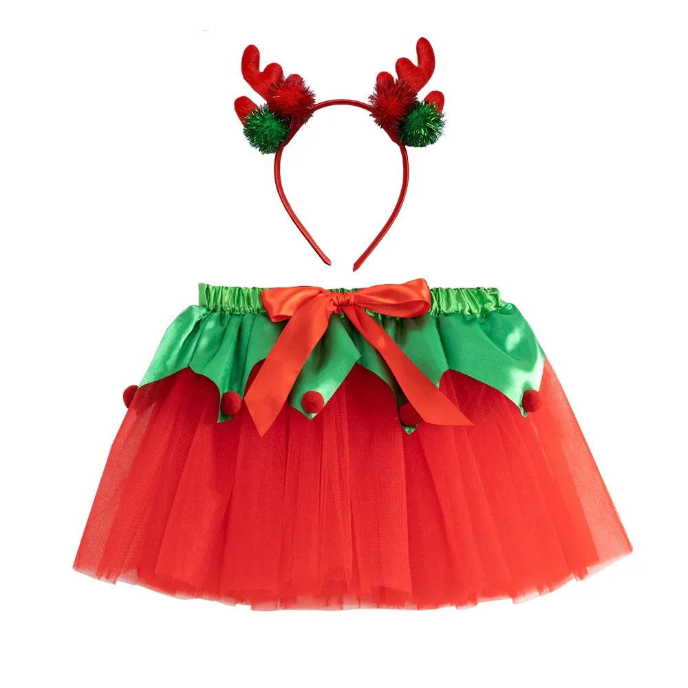 Kids Girl Tutu Skirts Girl Christmas Clothes Red Green Xmas Baby Performance Skirt Hairband